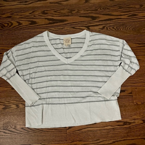 women’s CHASER Lurex Striped Grey White V Neck Sweater Top Sparkle Medium Crop - Picture 1 of 9